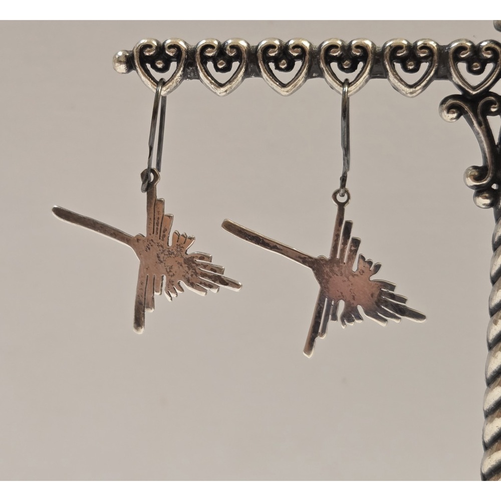 Vintage 905 Silver Peruvian Nazca Lines Hummingbird‎ Geoglyph Dangle Earrings